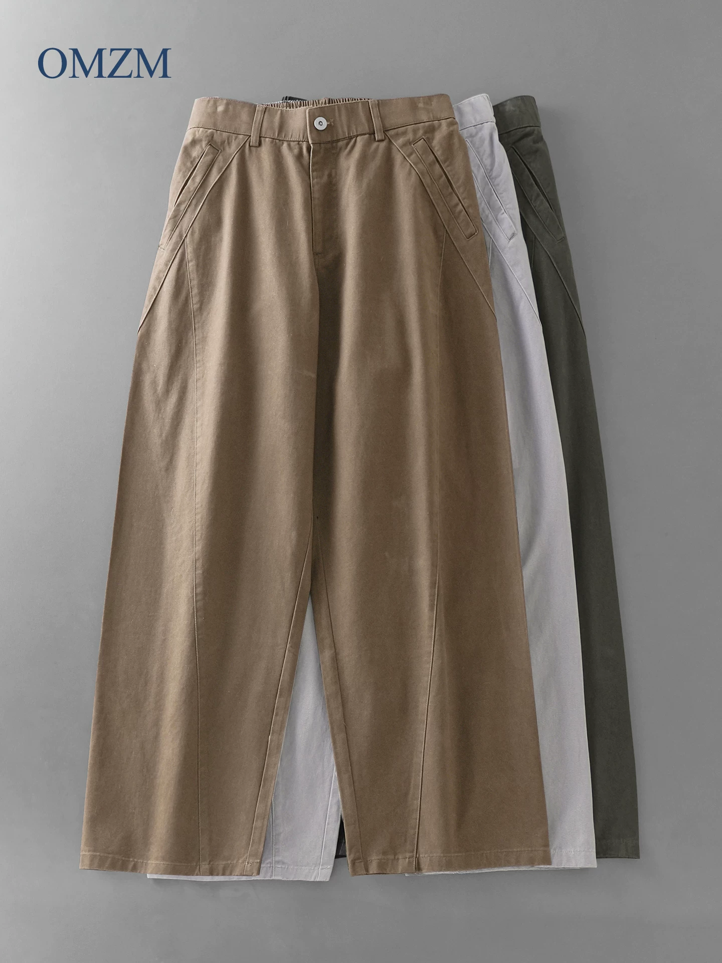 Quần thường ngày bằng cotton nguyên chất hạng nặng OMZM dành cho nam, quần ống thẳng cổ điển kiểu Mỹ mùa thu, dáng rộng đơn giản, quần kiểu dao cong mát mẻ và sành điệu.