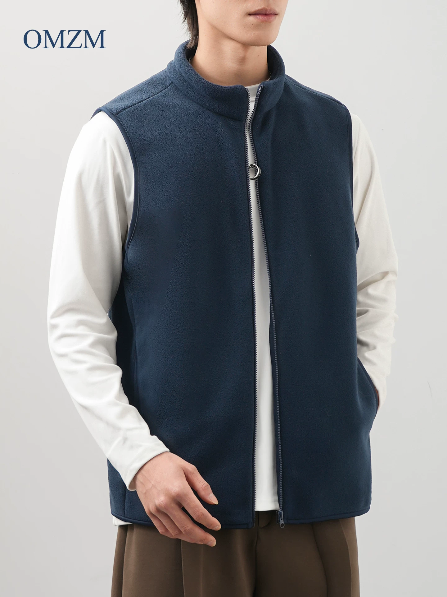 Áo vest lông cừu kiểu Mỹ OMZM dành cho nam, áo cardigan dày dặn và ấm áp mùa đông, áo khoác không tay cổ đứng màu trơn