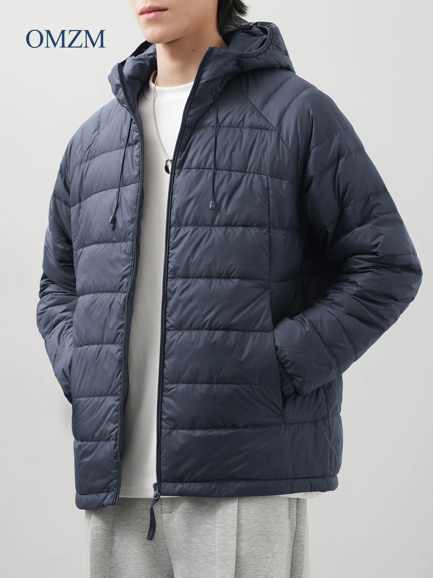 Áo khoác có gân lông vũ màu trắng OMZM90 dành cho nam, áo khoác cotton có mũ trùm đầu mùa đông nhẹ và ấm áp, áo khoác cotton kiểu dáng rộng dành cho cặp đôi.