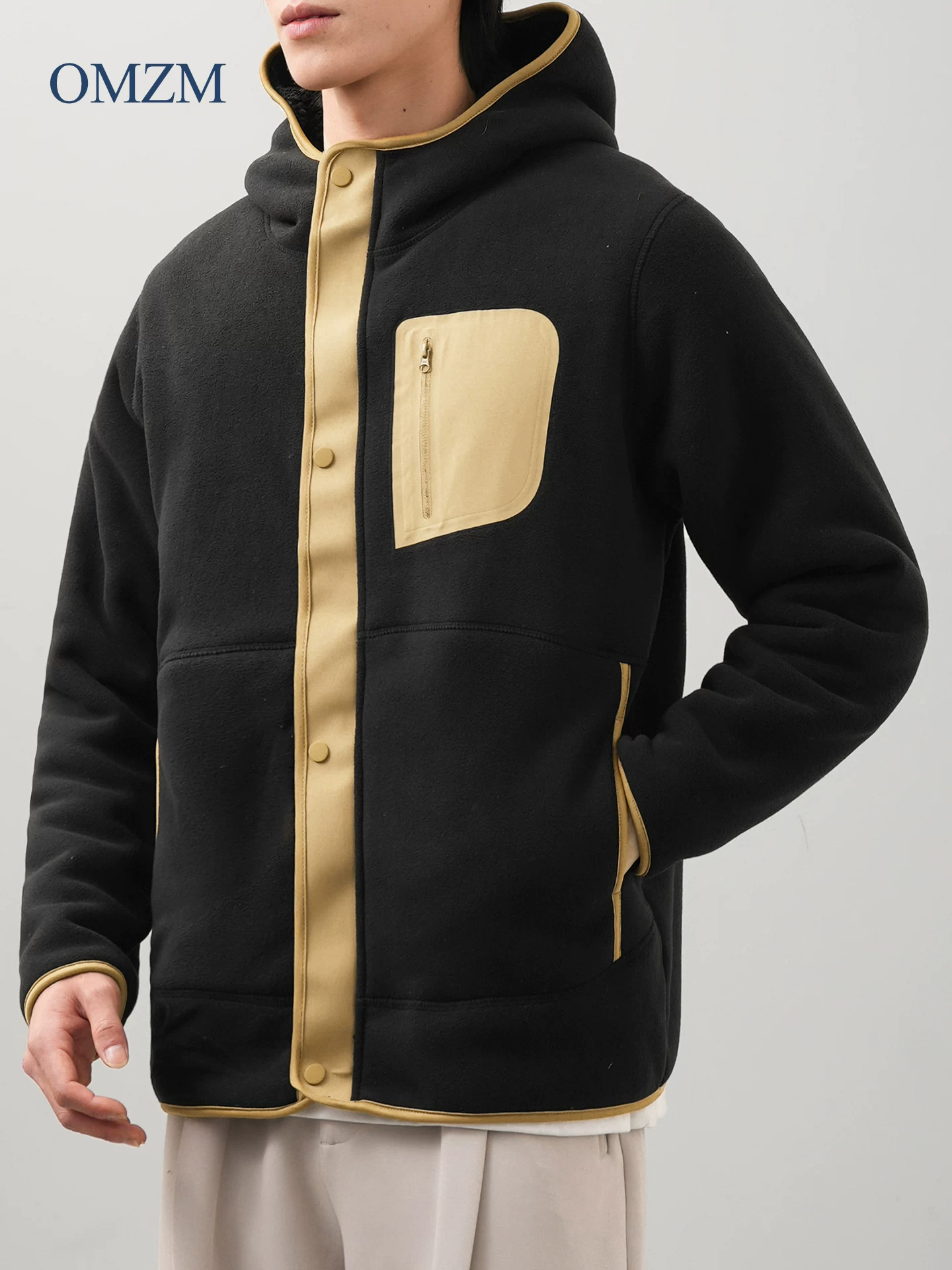 Áo khoác có mũ trùm đầu bằng lông cừu OMZM dành cho nam, áo len cardigan lông cừu dày dặn ấm áp mùa đông, áo khoác phối màu, quần áo lông cừu