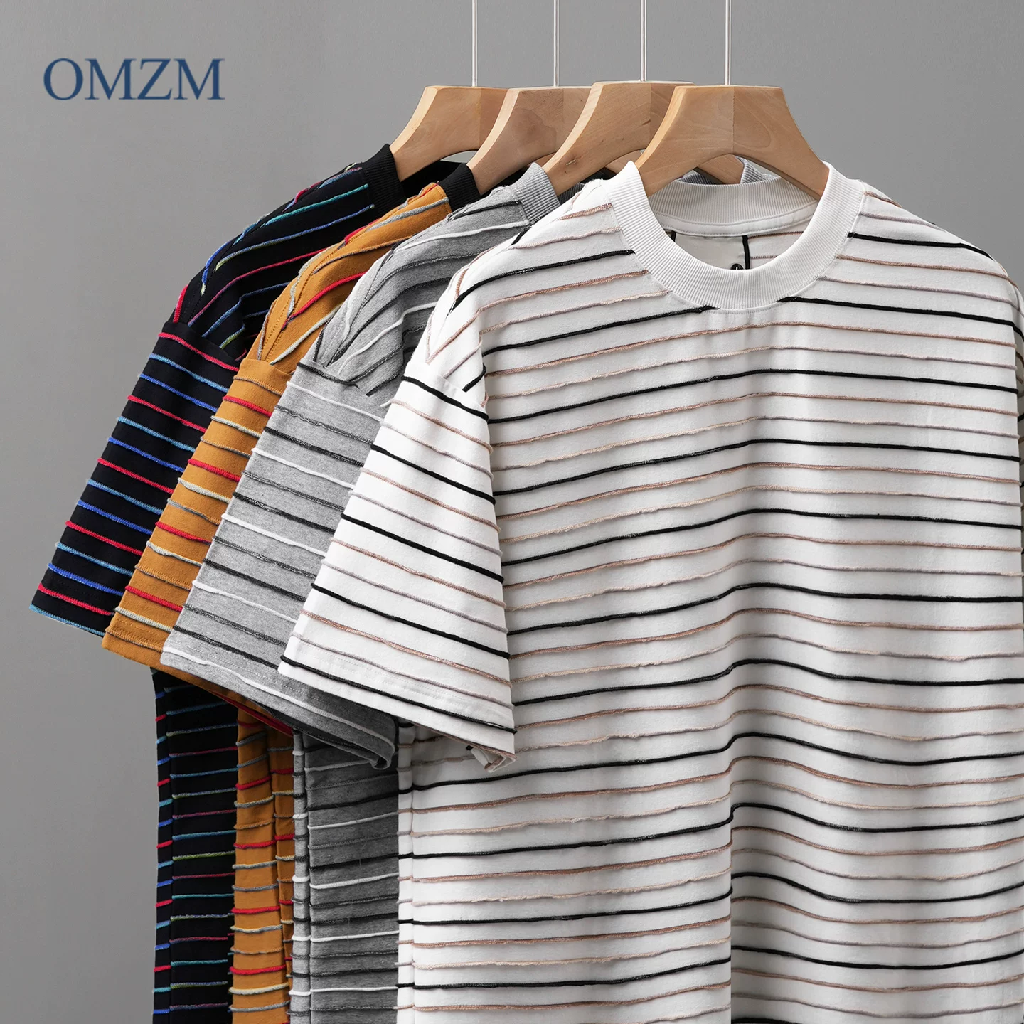 Áo thun ngắn tay sọc hạng nặng OMZM210G dành cho nam, mùa hè kiểu dáng cổ điển Mỹ, phối màu theo phong cách hàng hải, kiểu dáng thường, tay lửng