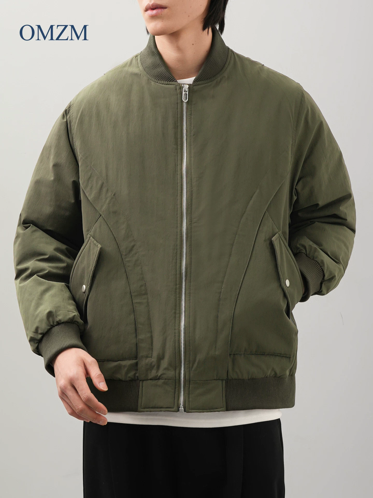 OMZM90 áo khoác lông vịt nam mùa đông Mỹ cổ bóng chày dày ấm áp áo khoác dây kéo dáng rộng áo khoác