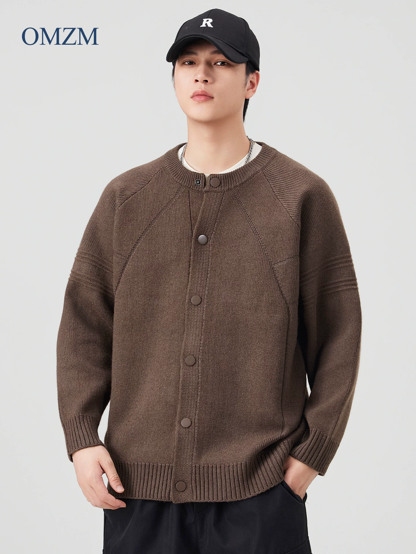 Áo len cardigan dày nặng OMZM930G dành cho nam, áo khoác dệt kim chắp vá tay raglan phong cách Mỹ mùa thu, áo len cổ tròn