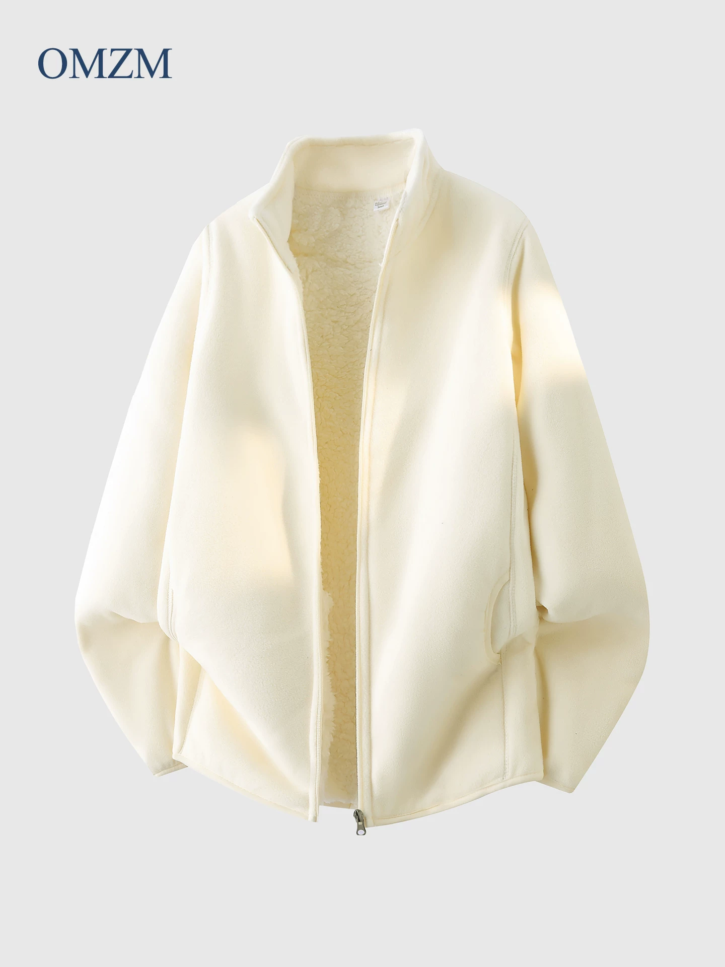 Áo khoác lông cừu OMZM dành cho nam, kiểu mới mùa đông 2025, dày dặn và ấm áp, cổ đứng, áo khoác lông cừu chống lạnh