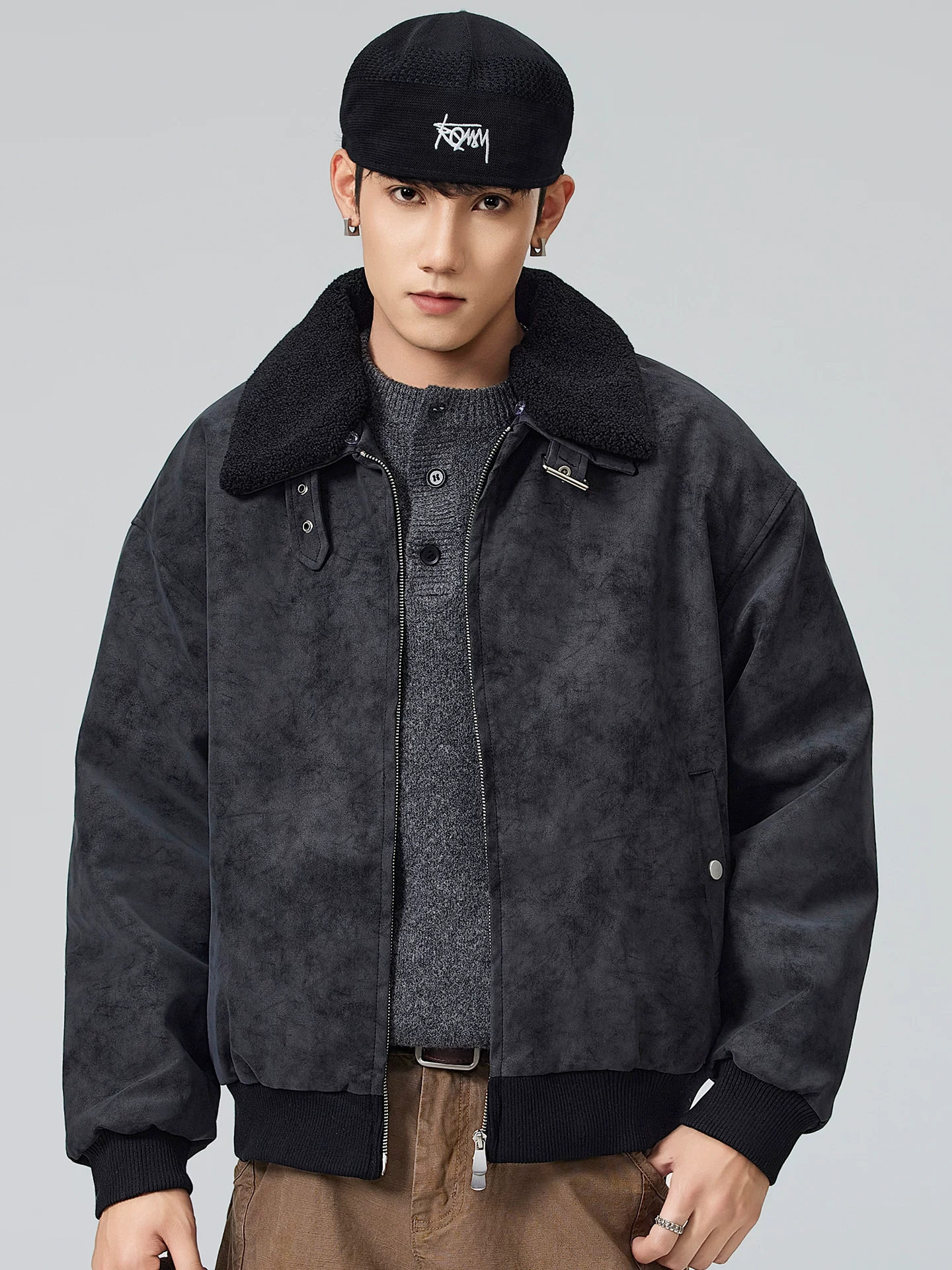 Áo khoác cotton có cổ lông có thể tháo rời dành cho nam, áo khoác cotton da lộn dày dặn ấm áp mùa đông, áo khoác da PU cổ điển kiểu Mỹ.