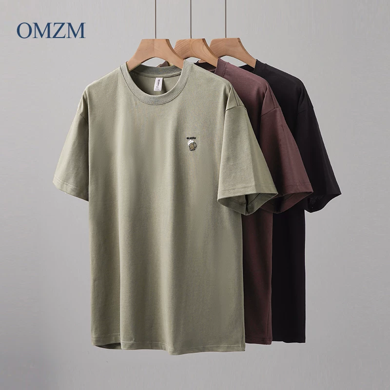 Áo thun thêu cotton nguyên chất hạng nặng OMZM dành cho nam ngắn tay mùa hè dáng rộng cỡ lớn Áo thun cổ tròn dành cho thanh thiếu niên và học sinh nửa tay