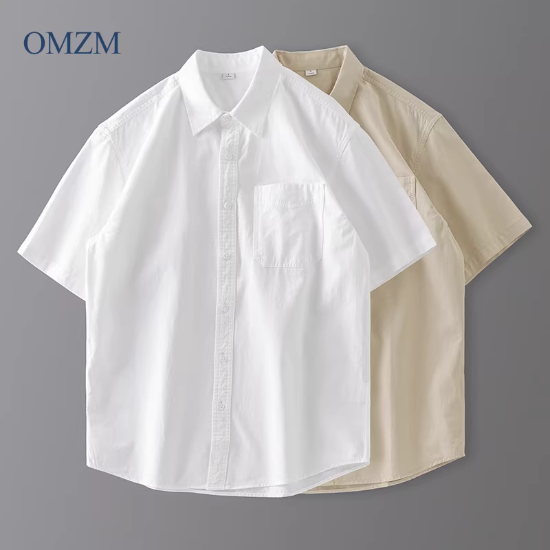OMZM Áo sơ mi ngắn tay bằng vải cotton nguyên chất hạng nặng 350G phong cách Mỹ dành cho nam giới, áo sơ mi thường ngày màu trắng dáng rộng cao cấp mùa hè