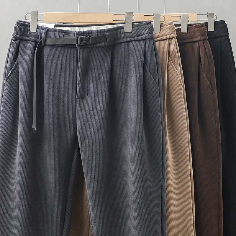 Quần vải nhung dày kiểu Mỹ OMZM dành cho nam, quần ống côn dày lót lông cừu mùa đông, quần ống thẳng vải nhung màu trơn