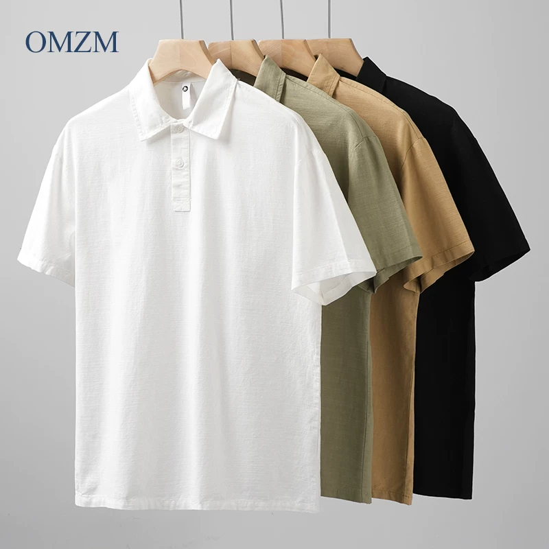 Áo sơ mi POLO ngắn tay dáng rộng OMZM dành cho nam giới trong mùa hè, áo thun dáng rộng có cổ cao cấp, áo polo màu trơn thể thao và giải trí