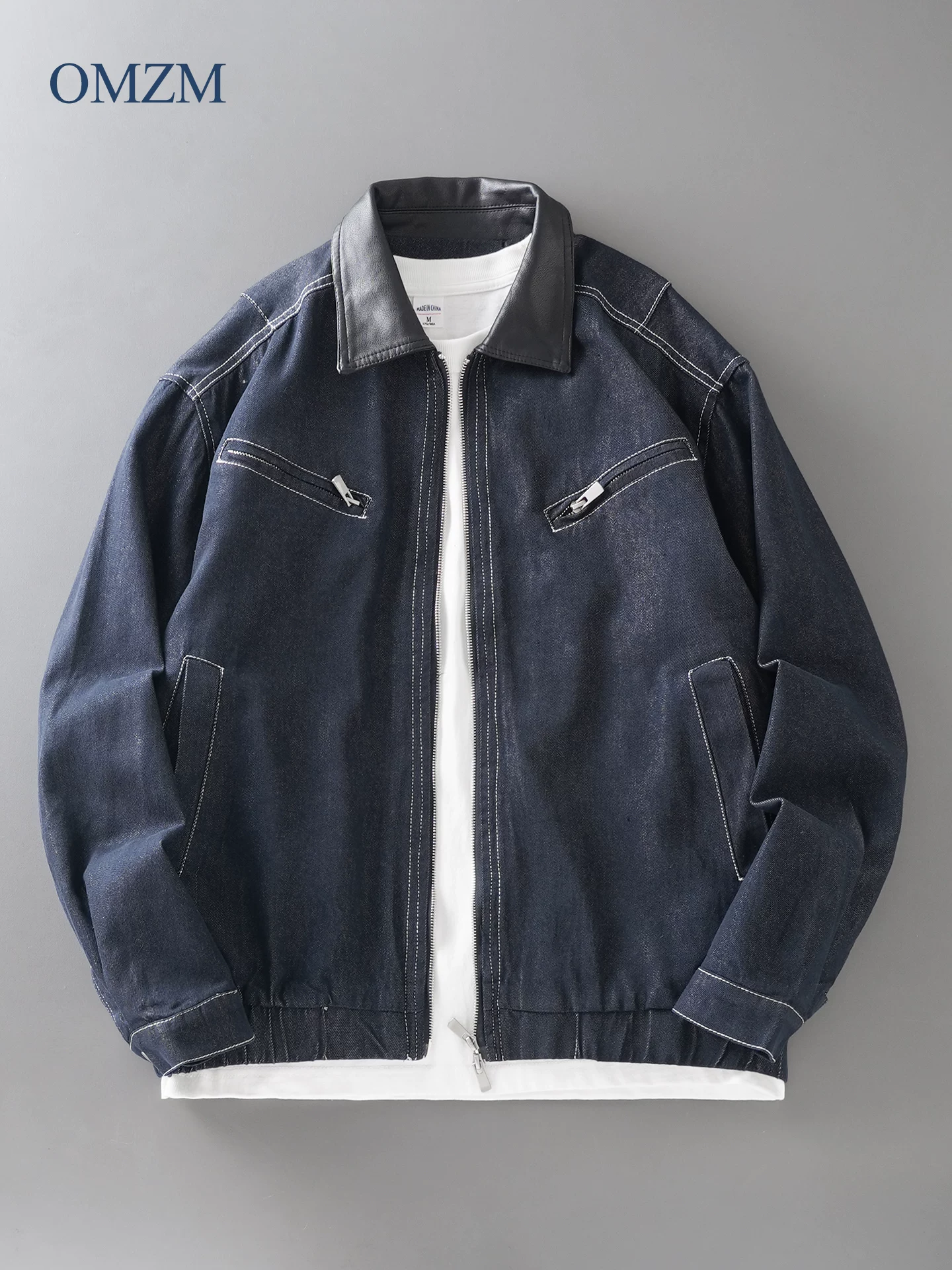 OMZM Lyocell áo khoác denim nam mùa thu đông Mỹ cổ điển áo khoác có cổ Harrington bảo hộ lao động dây kéo cardigan