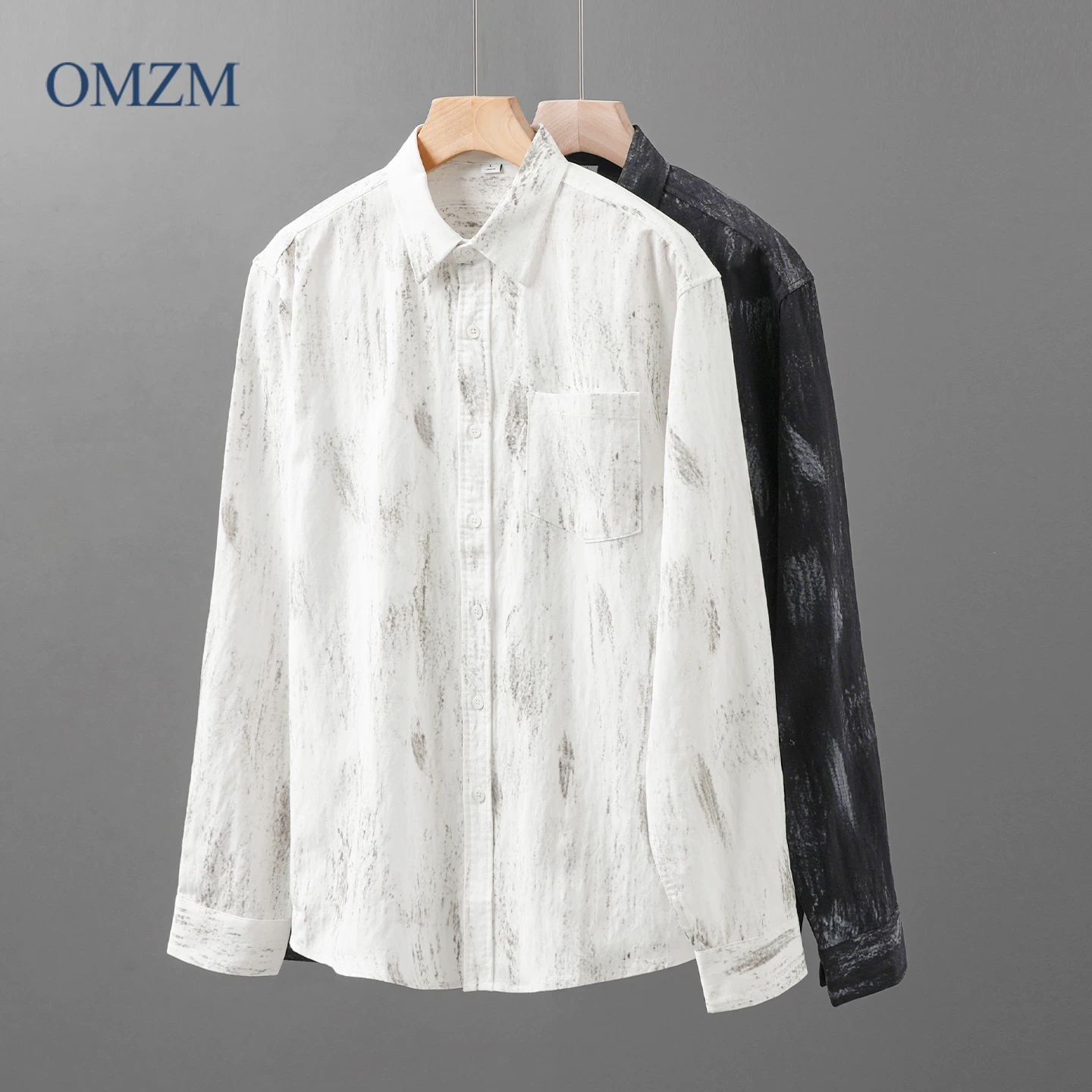Áo sơ mi dài tay phong cách mực Trung Quốc OMZM dành cho nam, áo sơ mi có cổ lyocell mùa thu đông, áo khoác thoáng khí và cao cấp
