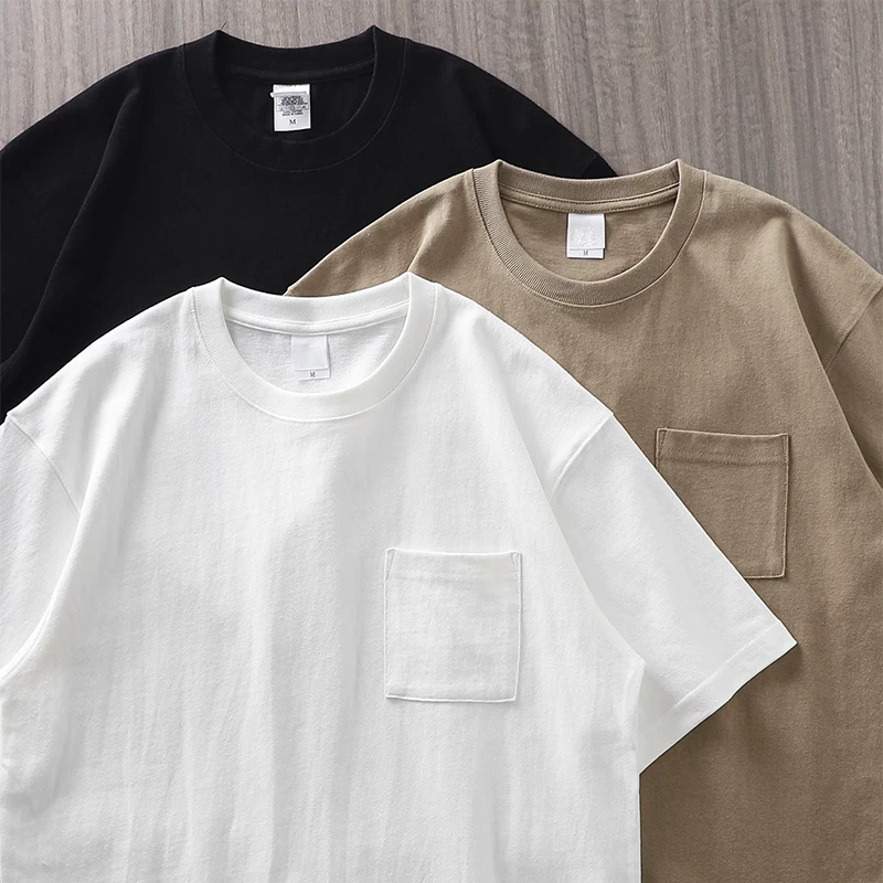 Áo thun nam tay ngắn chất liệu cotton dày 320g, kiểu dáng rộng, màu kaki trơn, phong cách retro Mỹ, mùa hè.