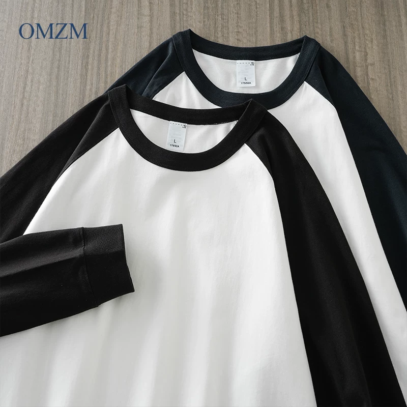 Áo thun dài tay tay raglan dày dặn 230G ba kim dành cho nam, áo sơ mi cotton thuần chất mùa thu, áo nỉ cổ tròn phong cách retro Mỹ.