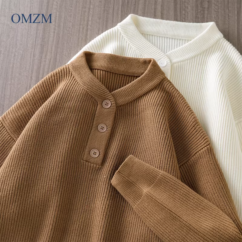 Áo len cổ trụ OMZM Henry dành cho nam, thu đông 2024, chất liệu len dệt kim ấm áp, phong cách lười biếng, màu trơn, áo len mặc trong