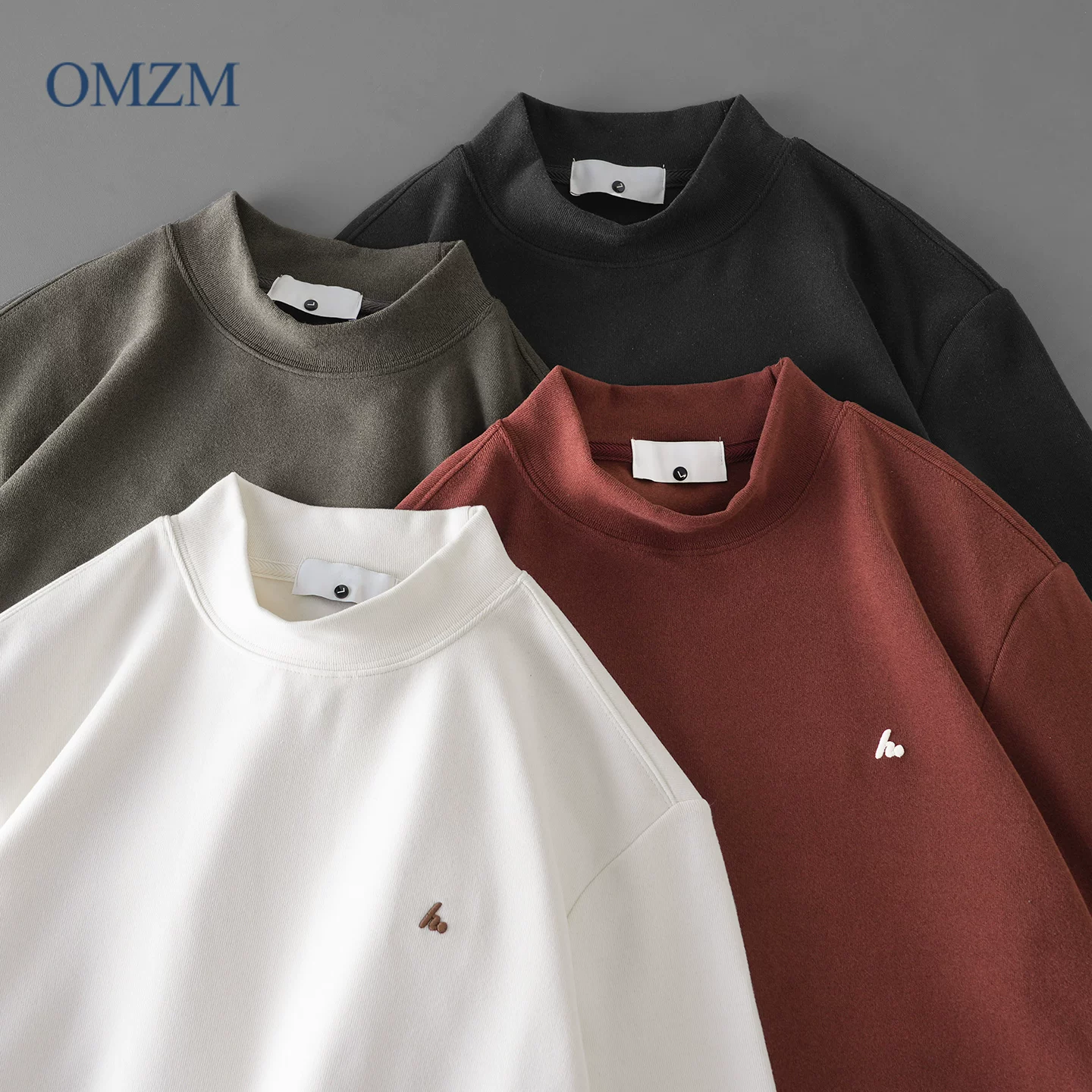 Áo sơ mi giữ nhiệt cổ cao nửa cổ OMZM dành cho nam, áo sơ mi mùa thu ấm áp bằng lông cừu hai mặt thêu phong cách Mỹ, áo thun dài tay hạng nặng.