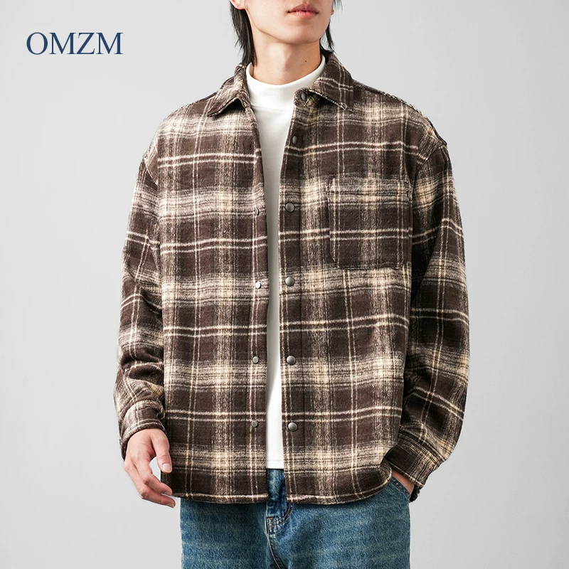 Áo khoác sơ mi kẻ sọc lót lông cừu OMZM dành cho nam, áo sơ mi len dày dặn ấm áp mùa thu đông, áo khoác thường ngày dày dặn kiểu Mỹ