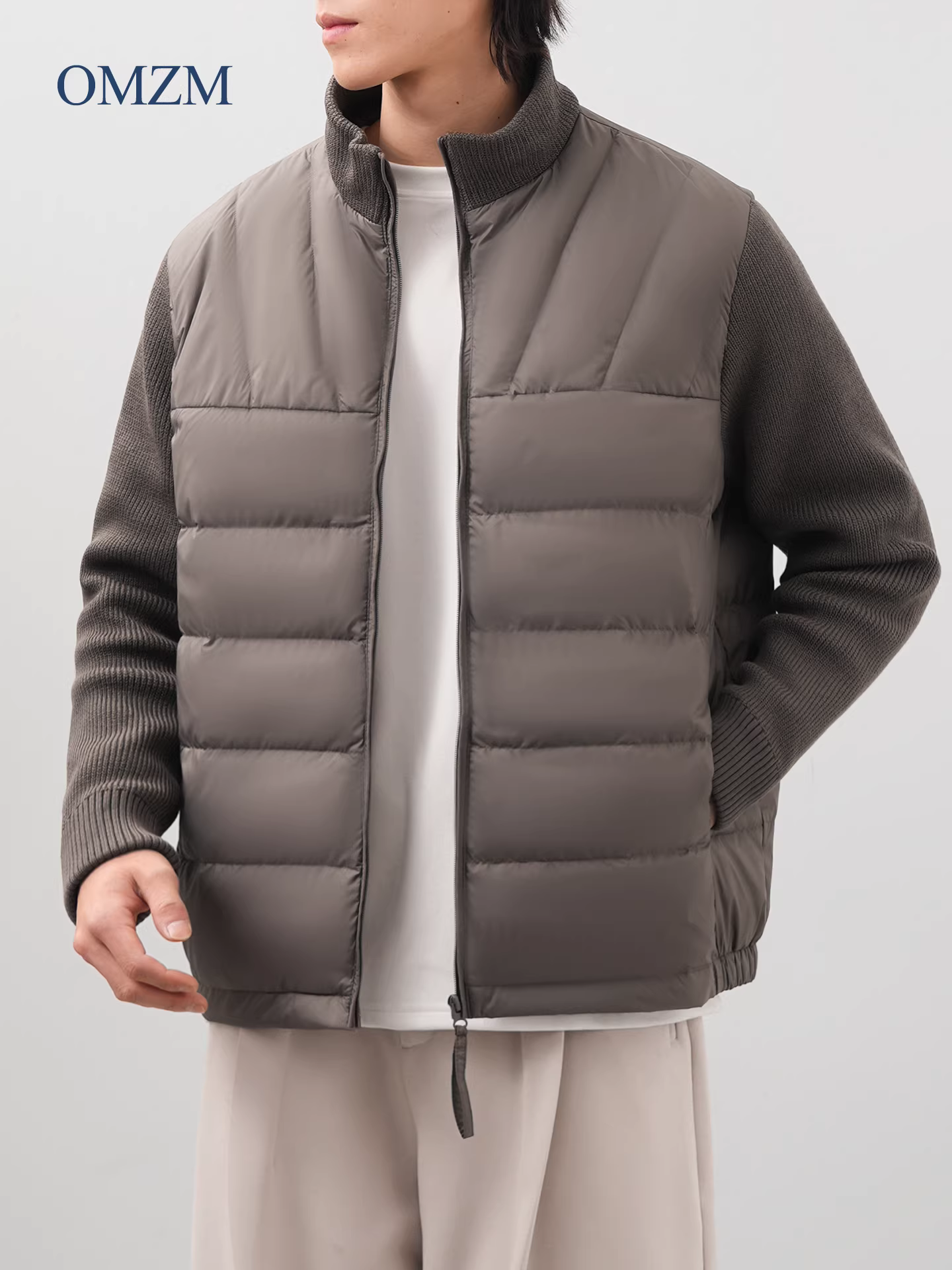 Áo khoác phao cổ đứng OMZM90 lông vũ vịt dành cho nam, mẫu mới mùa đông, phối dệt kim, dày dặn, chống gió, giữ ấm