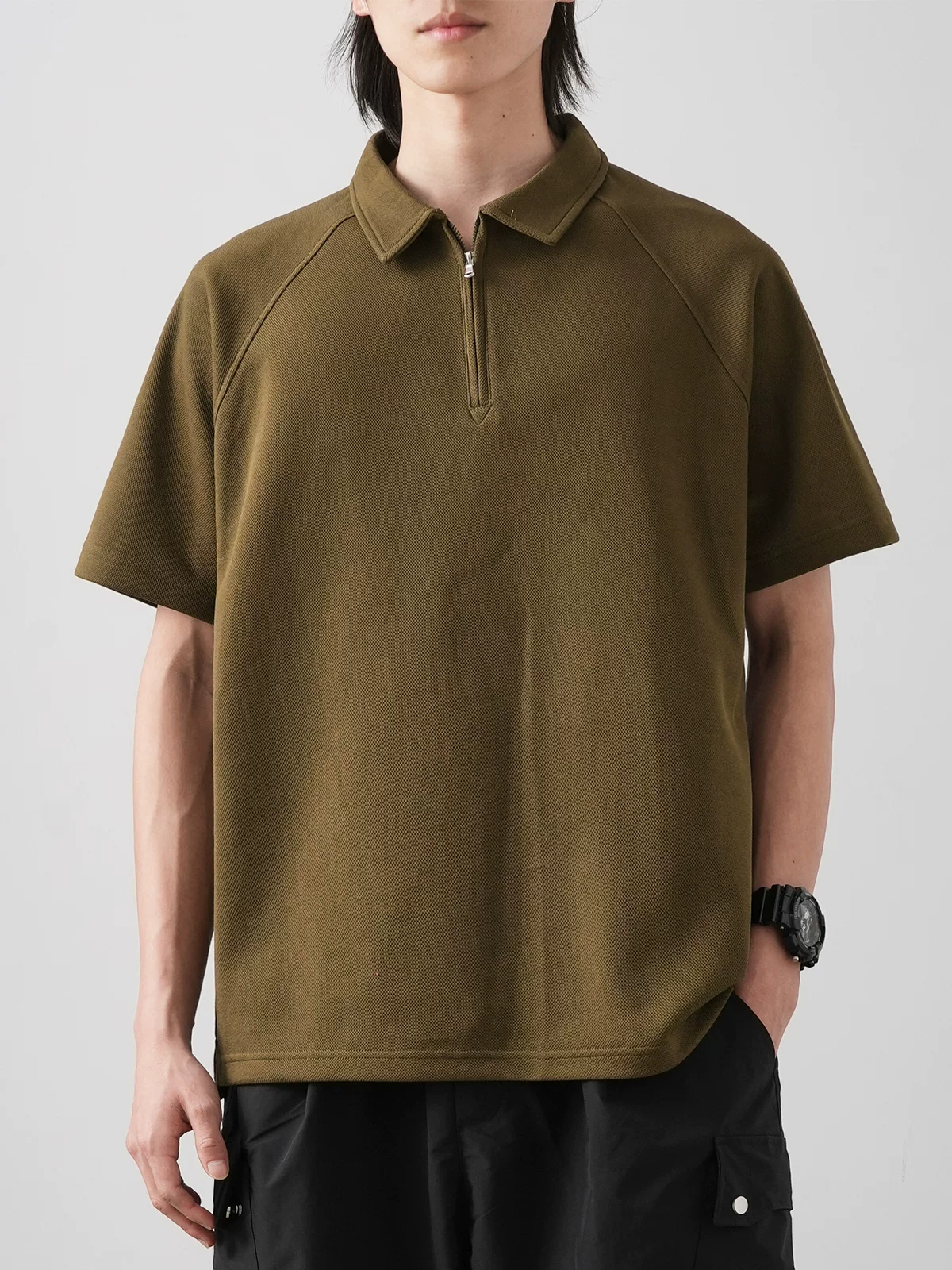【Piqué Cotton】Áo sơ mi POLO nửa khóa kéo hạng nặng dành cho nam, tay ngắn, mùa hè, cảm giác cao cấp, áo thun có cổ dáng rộng