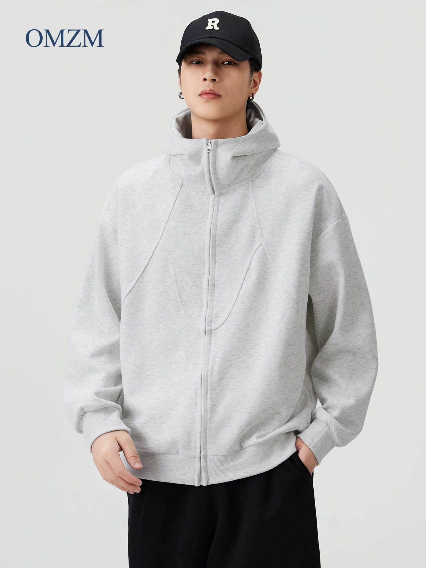 Áo len cardigan có mũ trùm đầu hạng nặng OMZM420G dành cho nam, áo khoác thể thao dáng rộng dài tay phong cách Mỹ mùa thu kiểu dáng thể thao