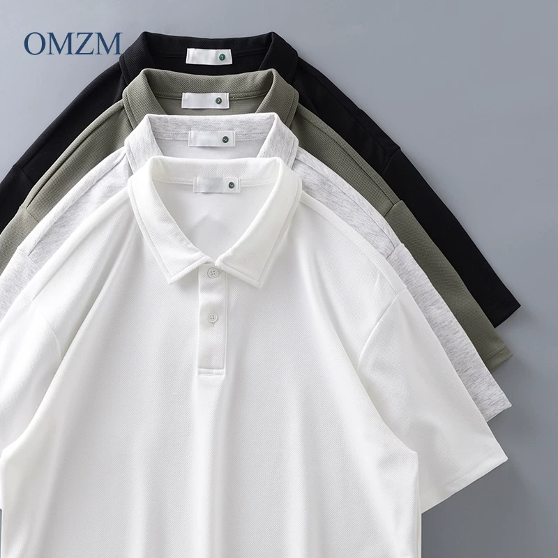 OMZM phong cách Mỹ màu trơn Áo sơ mi POLO nam ngắn tay mùa hè cao cấp màu trắng giản dị áo sơ mi polo thể thao có cổ áo thun