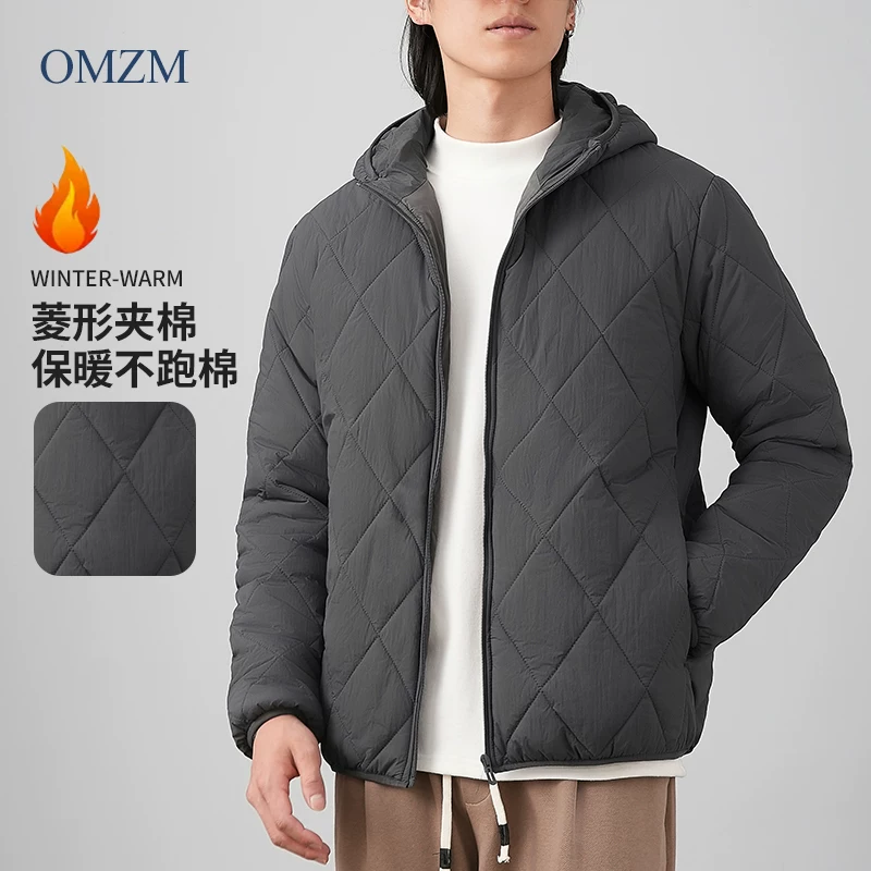 Áo khoác cotton có mũ trùm đầu họa tiết kim cương OMZM dành cho nam, quần áo cotton dày dặn ấm áp mùa đông, lớp lót bên trong màu trơn, áo khoác nhẹ, áo khoác độn bông.