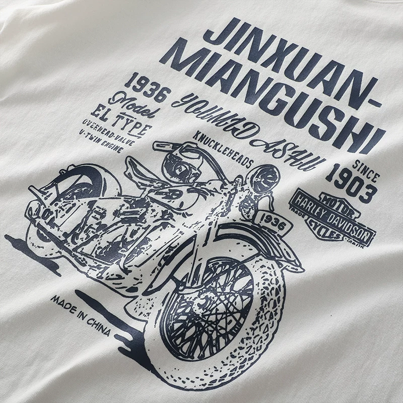 Áo thun nam kiểu Mỹ 300g chất liệu cotton nguyên chất, tay ngắn, cổ tròn, dáng rộng, in hình biker phong cách Amekaji, mùa hè