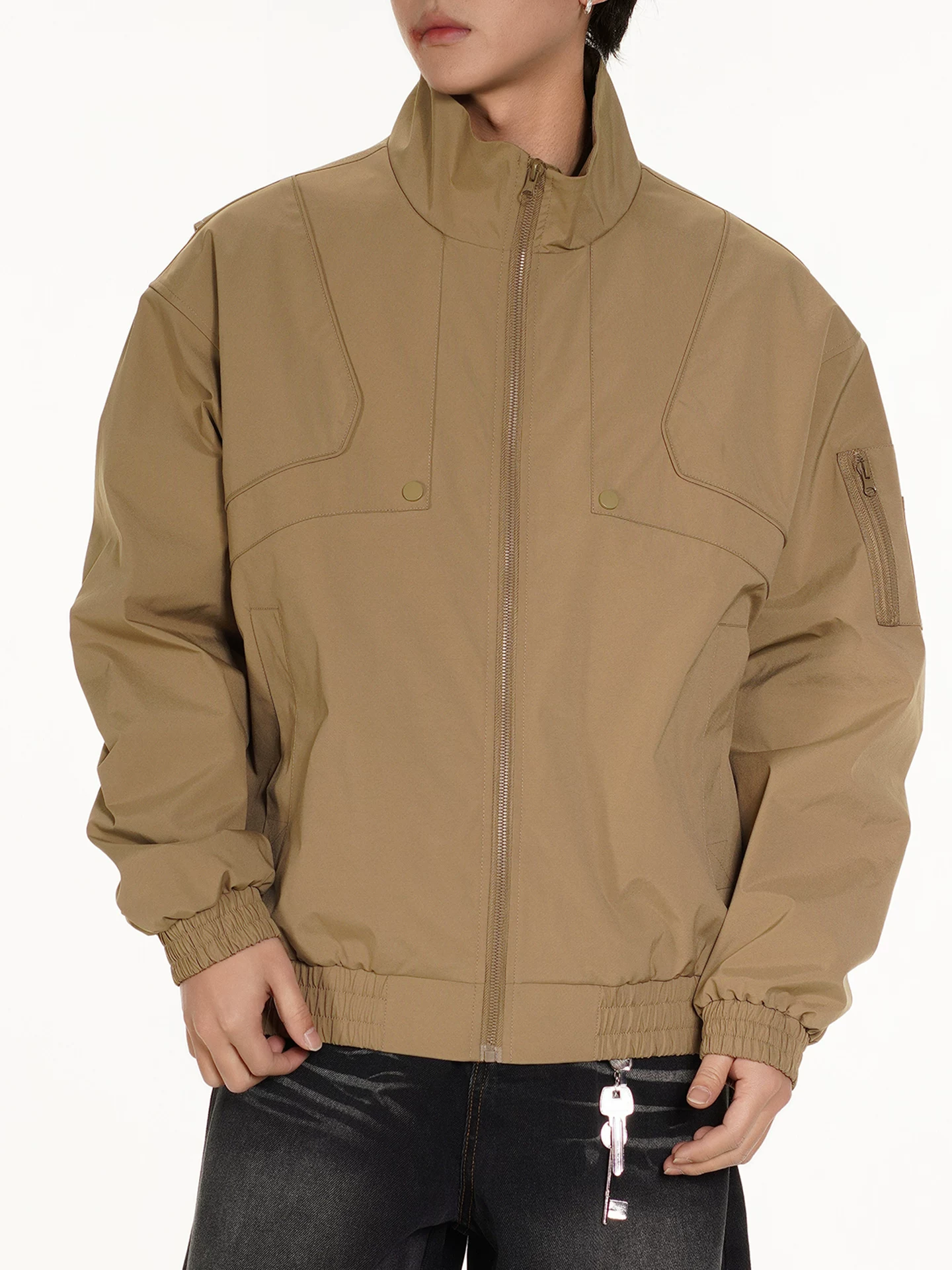 OMZM cổ đứng áo khoác công sở nam mùa thu Mỹ retro giải cấu trúc chắp vá màu trơn áo khoác bomber áo khoác xe máy