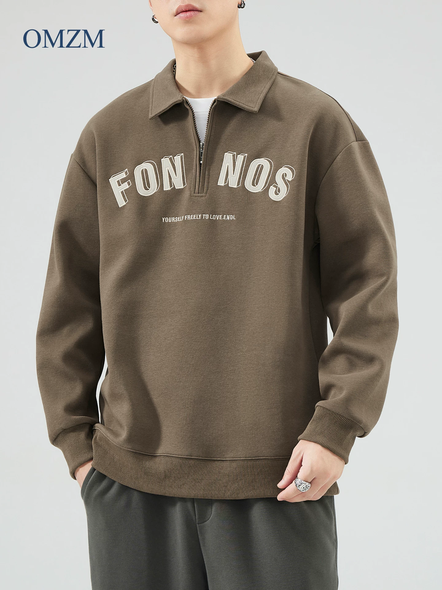 Áo nỉ polo nửa khóa kéo hạng nặng OMZM320G dành cho nam, áo khoác dáng rộng tay dài thêu chữ phong cách Mỹ mùa thu