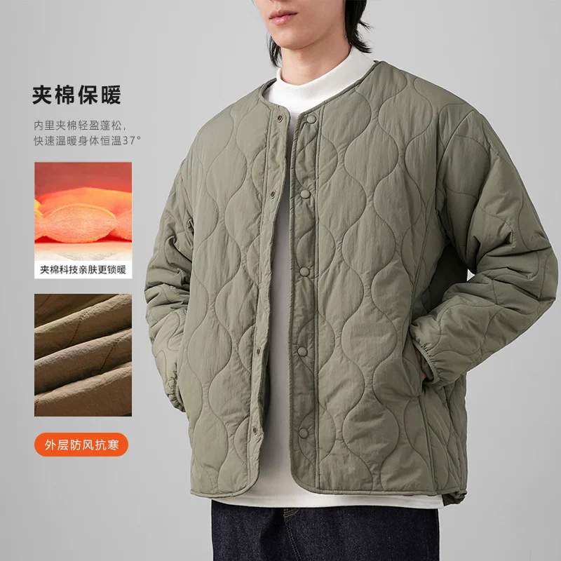 Áo khoác cotton không cổ cho nam, áo khoác cotton dày dặn ấm áp mùa đông, áo khoác cotton nhỏ nhẹ họa tiết kim cương xếp lớp cổ điển.