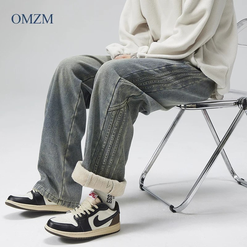 Quần jean lót lông cừu hạng nặng kiểu cổ điển OMZM dành cho nam, ống thẳng, phong cách cổ điển, thương hiệu hợp thời trang, dày dặn, ấm áp, quần ống rộng rộng rãi.