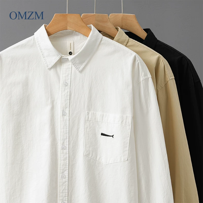 Áo sơ mi dài tay cotton nguyên chất hạng nặng OMZM400G dành cho nam, mùa xuân thu, áo sơ mi trắng cao cấp, áo sơ mi công sở cổ điển kiểu Mỹ