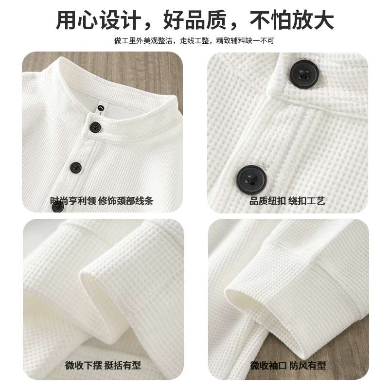 Áo len dệt kim nặng kiểu waffle OMZM350G dành cho nam, áo henley màu trơn phong cách retro Mỹ mùa xuân thu, áo khoác dài tay