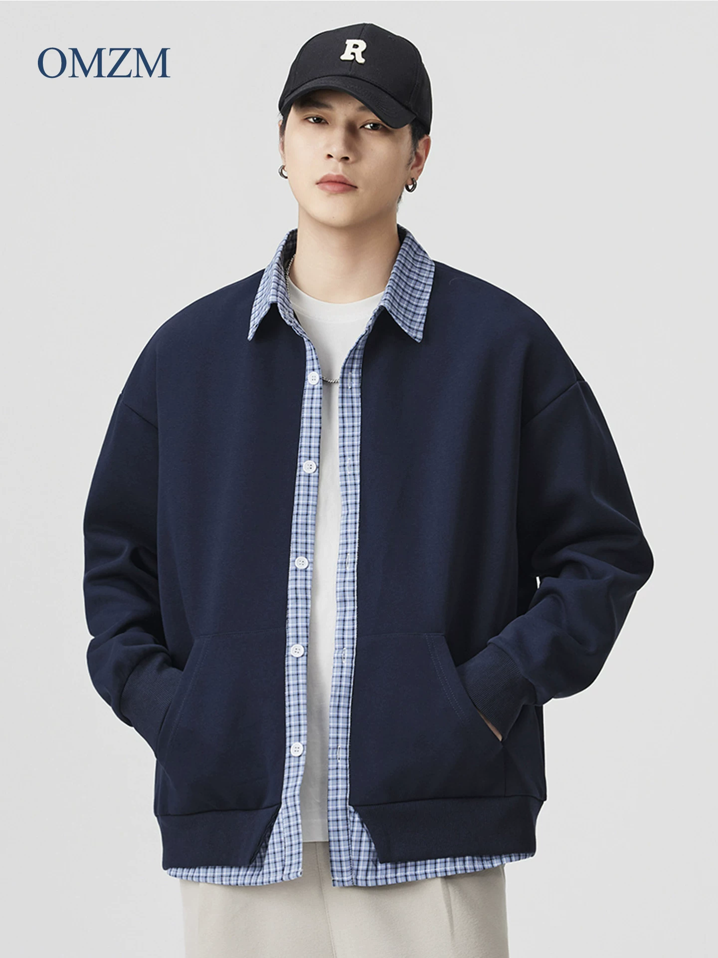 Áo khoác nỉ chắp vá giả hai mảnh OMZM dành cho nam, áo khoác cardigan cổ điển phối màu phong cách đại học giản dị mùa thu của Mỹ