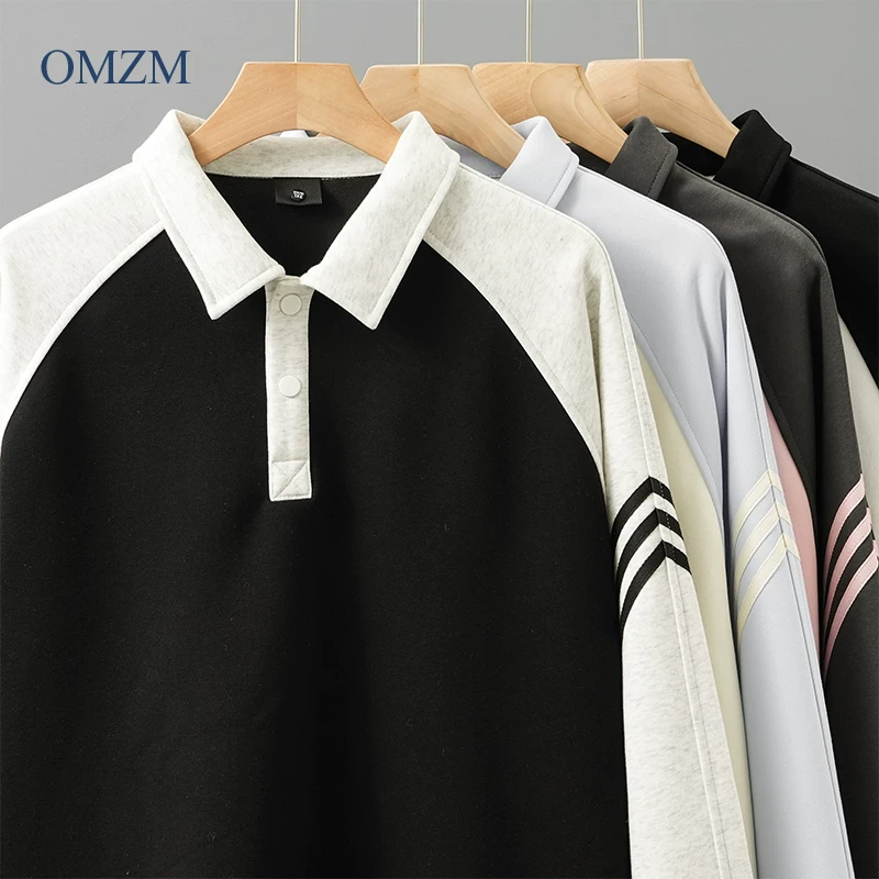 Áo nỉ có cổ hạng nặng OMZM dành cho nam, áo sơ mi POLO tay raglan phối màu xuân thu, áo khoác dài tay ba sọc phối màu phong cách Mỹ