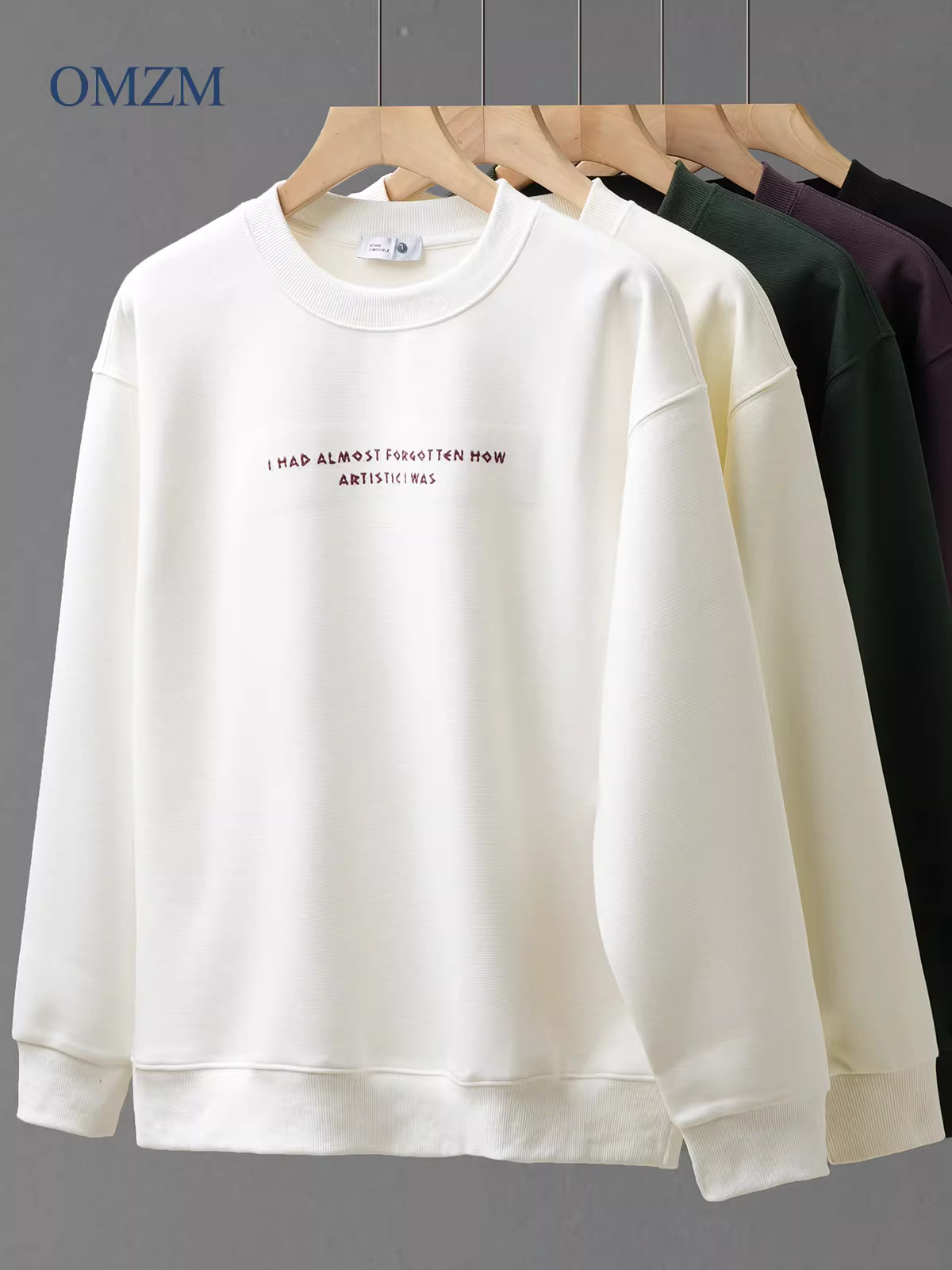 Áo thun cổ tròn nam OMZM hạng nặng mùa thu đông 2024, thêu chữ, không mũ, dáng rộng, tay dài, áo lót
