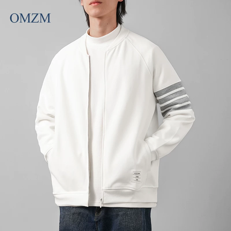 Áo khoác cardigan sọc kiểu Mỹ OMZM dành cho nam, áo khoác bóng chày cổ đứng dáng rộng mùa thu đông có ba sọc, áo khoác nỉ màu xám