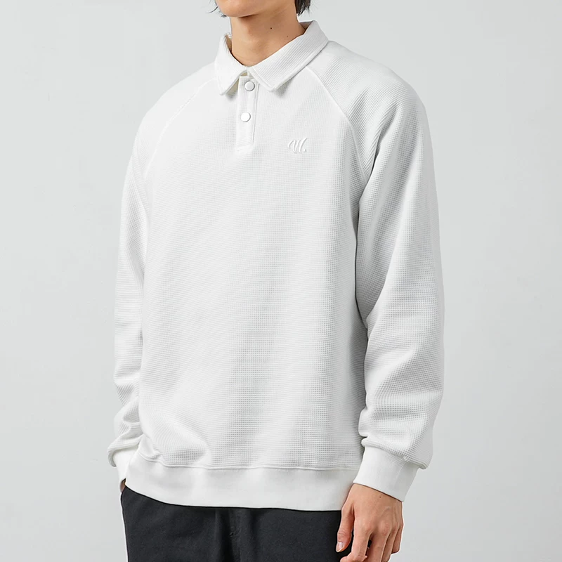 Áo thun nam OMZM kiểu Mỹ, chất liệu vải waffle dày 340G, cổ áo kiểu polo thêu, dáng rộng, mùa thu, áo lót dài tay