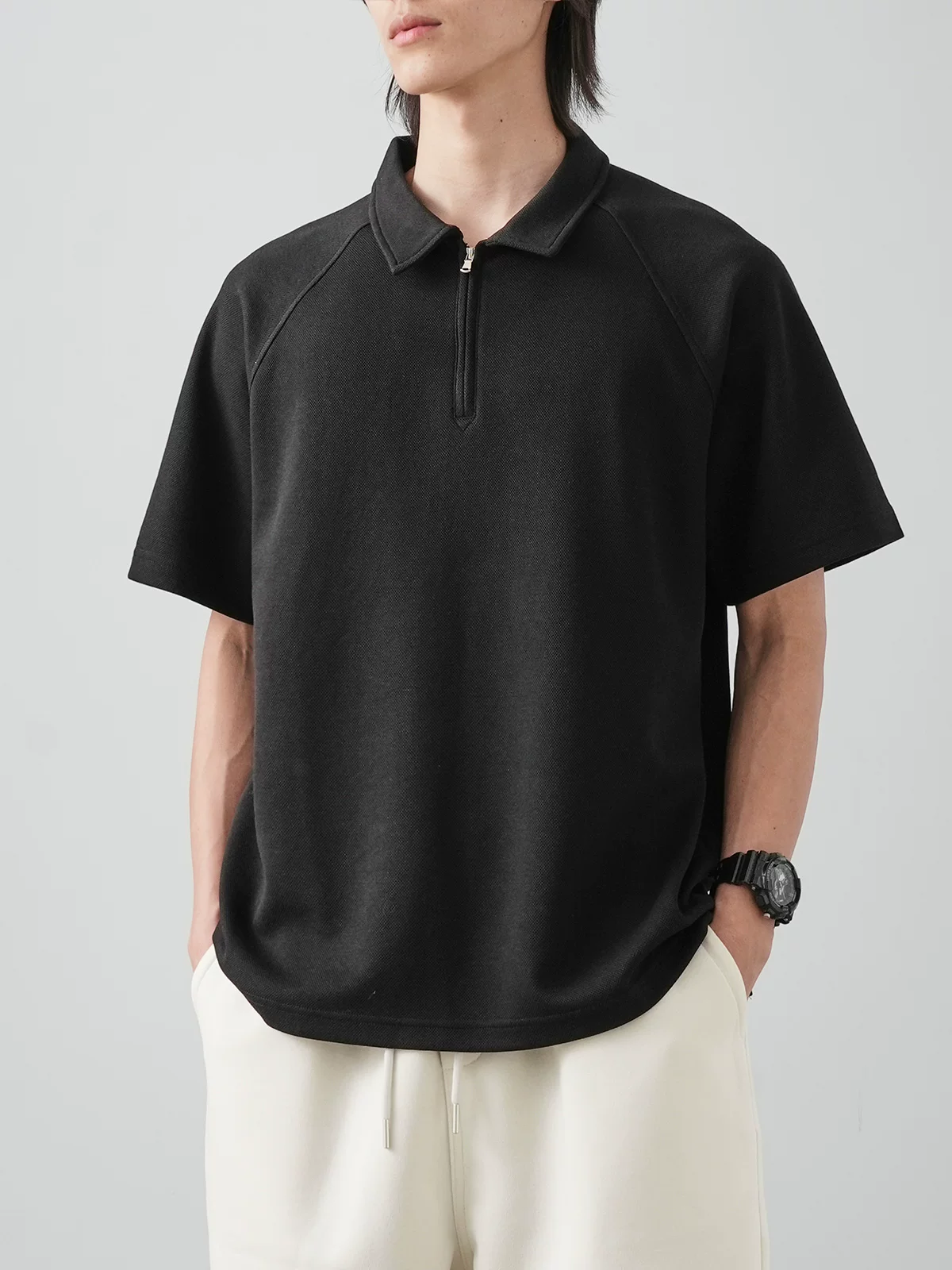 【Piqué Cotton】Áo sơ mi POLO nửa khóa kéo hạng nặng dành cho nam, tay ngắn, mùa hè, cảm giác cao cấp, áo thun có cổ dáng rộng
