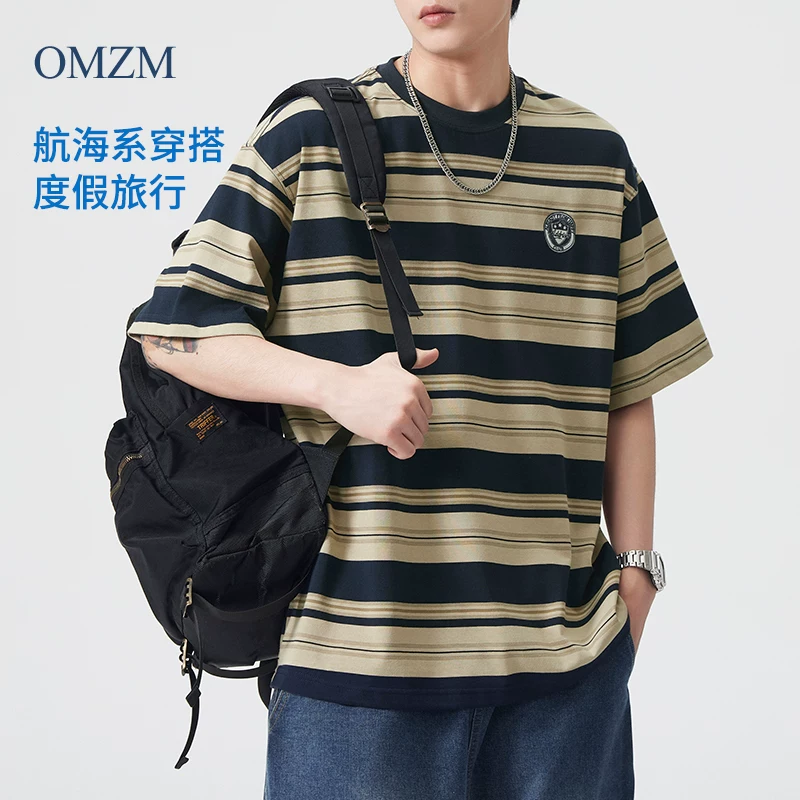 Áo thun ngắn tay sọc nặng 230G phong cách Mỹ OMZM dành cho nam, áo thun ngắn tay dáng rộng mùa hè phong cách hải quân thêu màu khối