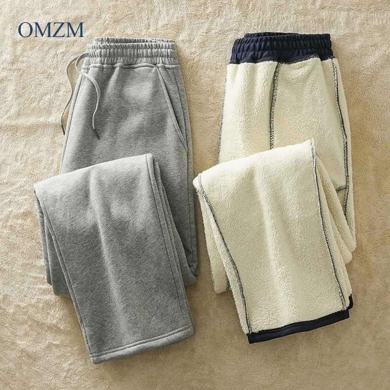 Quần thể thao lót lông cừu hạng nặng OMZM dành cho nam, quần thường ngày dày dặn ấm áp bằng lông cừu mùa đông, quần dài thể thao ống thẳng rộng rãi.