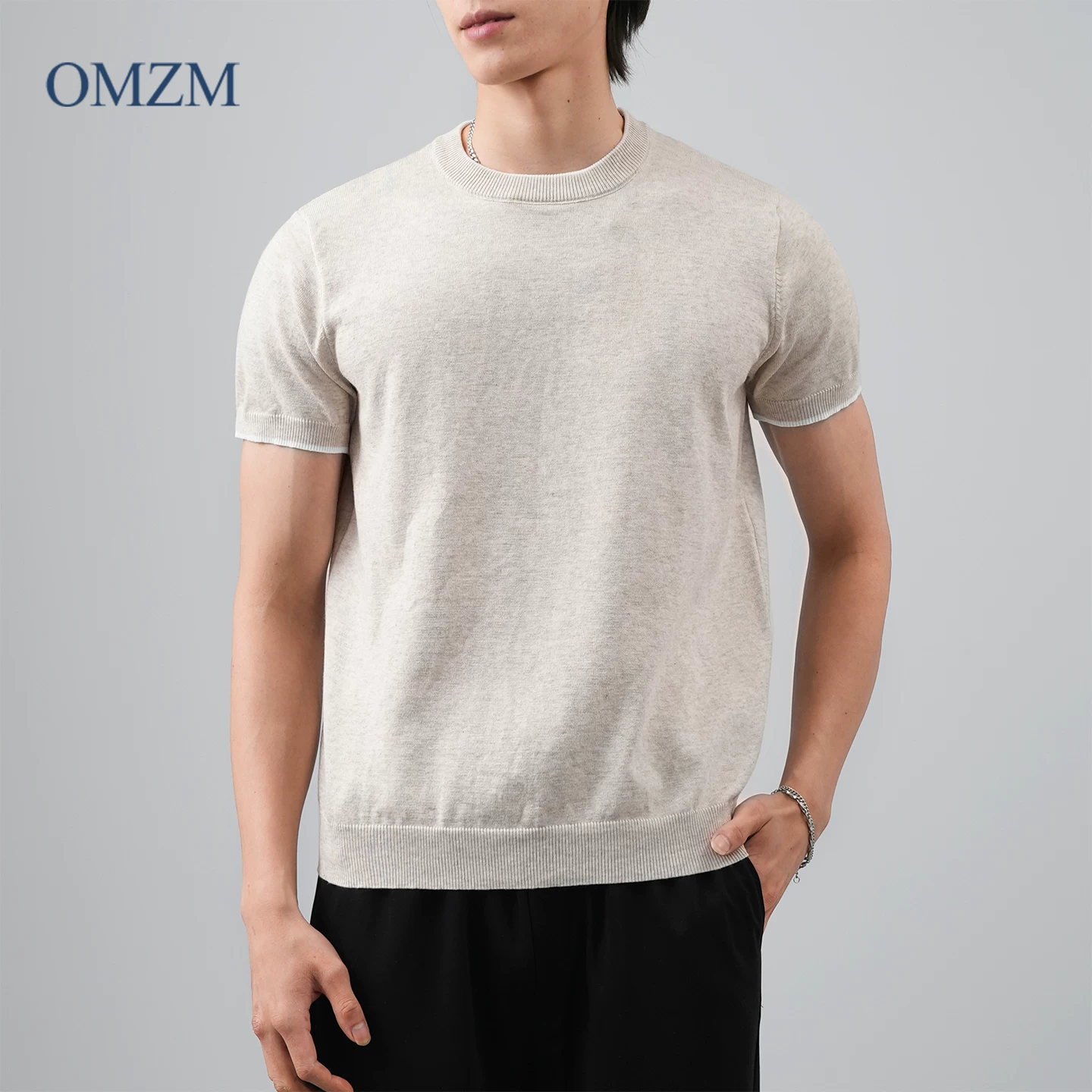 Áo thun nam tay ngắn cổ tròn kiểu dáng đô thị OMZM mùa hè kiểu Mỹ màu trơn vai thường kiểu dáng sang trọng nhẹ nhàng nửa tay kiểu tiền cổ điển ôm dáng