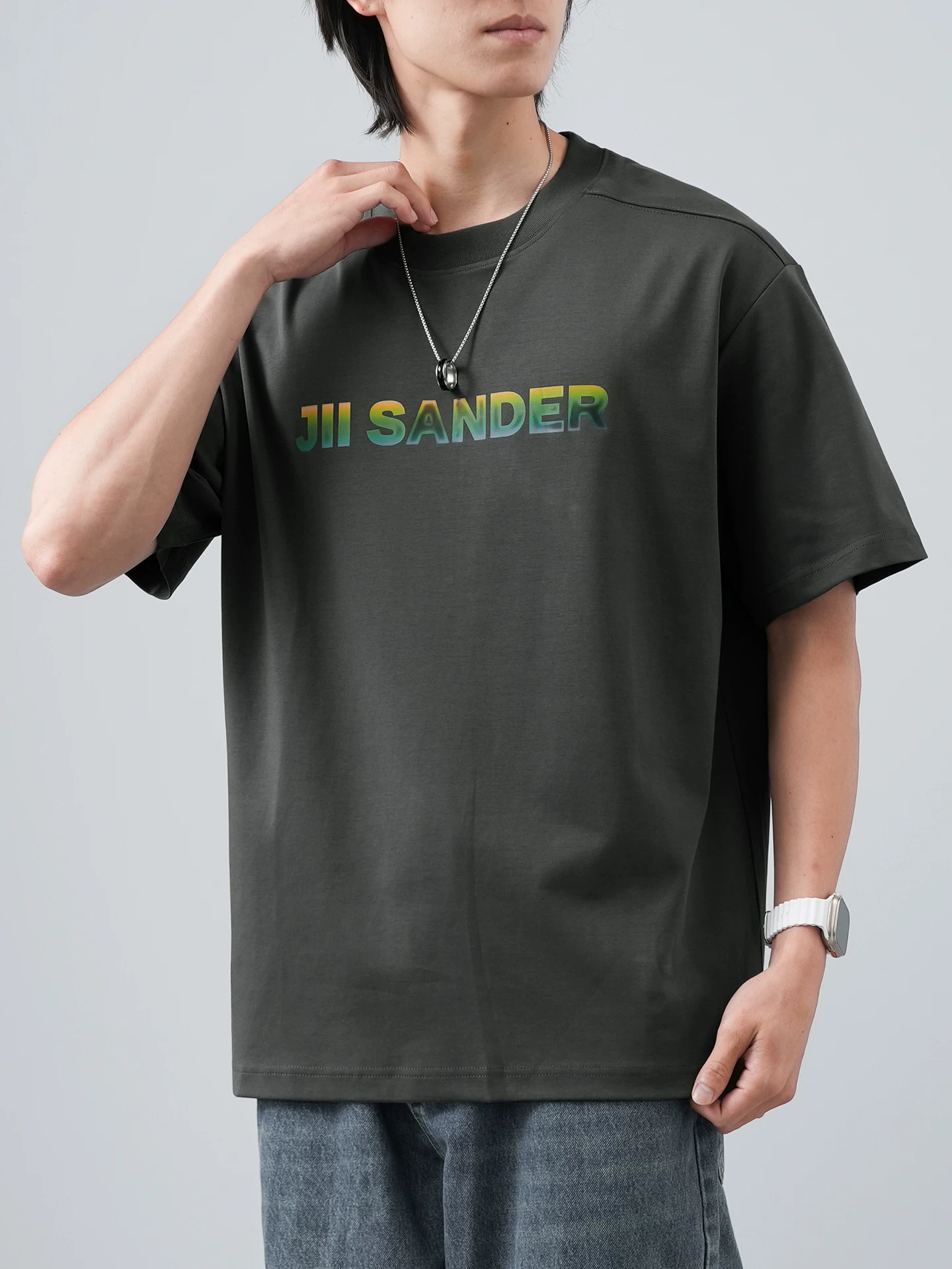 Áo thun cotton Mercerized OMZM50 dành cho nam, tay ngắn, mùa hè, 250G, in chữ, dáng rộng, cảm giác cao cấp, tay lửng