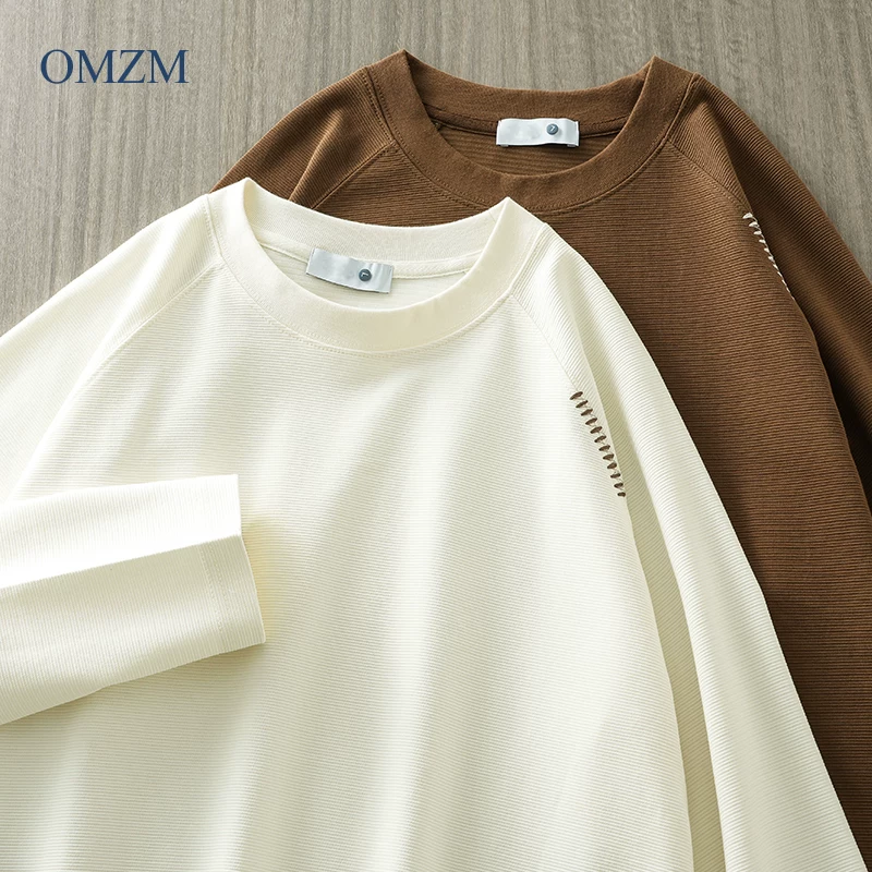 Áo thun dài tay có họa tiết nặng ký OMZM dành cho nam, thiết kế theo phong cách Mỹ mùa thu, áo sơ mi lớp trong màu trơn dáng rộng raglan