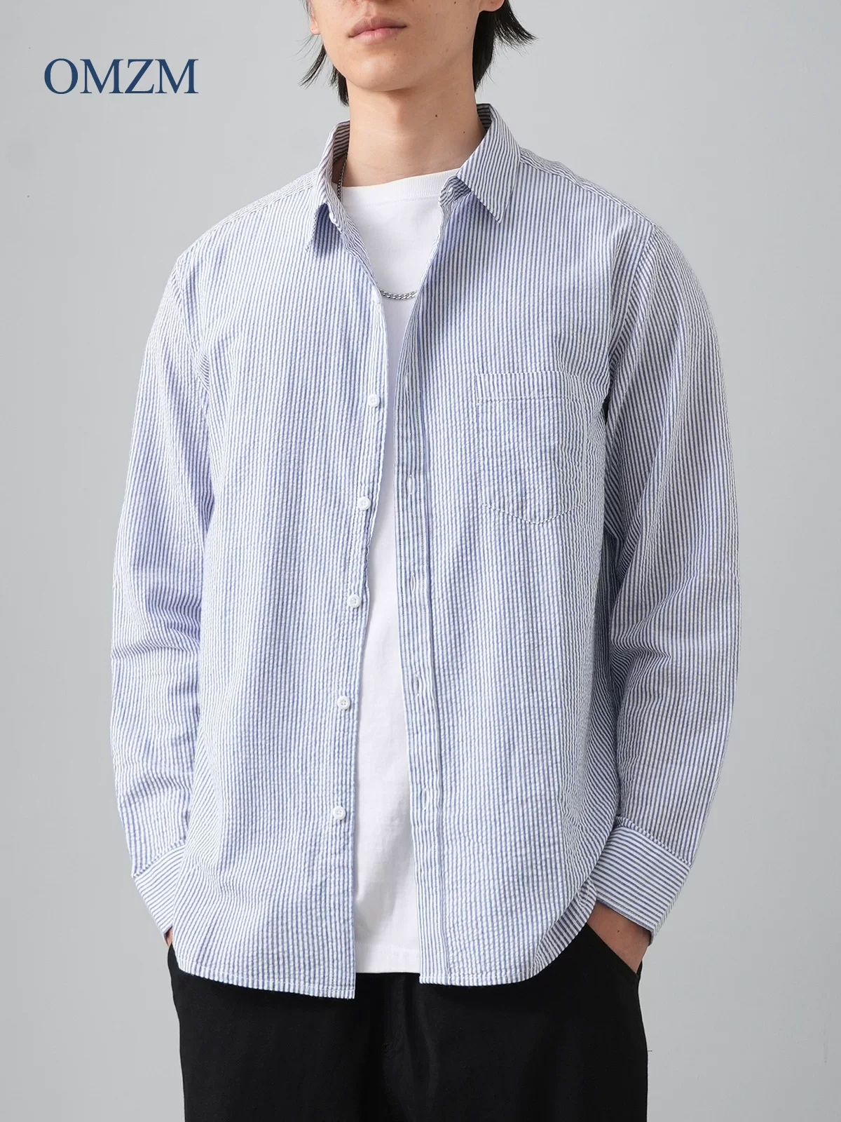 OMZM Áo sơ mi sọc seersucker kiểu Mỹ dành cho nam, áo sơ mi dài tay, dáng rộng, chất liệu cotton nguyên chất có cổ bẻ, áo khoác thường ngày thoáng khí cho mùa thu.