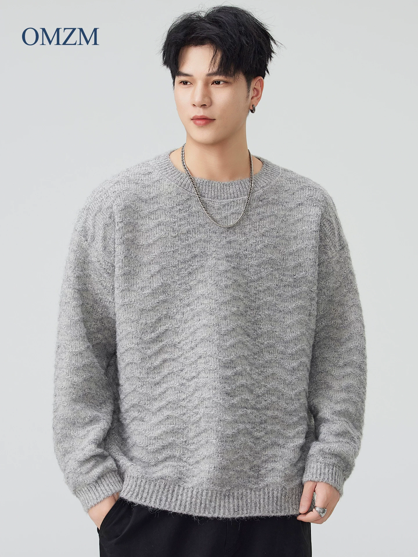 Áo len cổ tròn kiểu Mỹ OMZM dành cho nam, mẫu mới mùa đông 2025, chất liệu len merino dệt jacquard dày dặn, ấm áp và rộng rãi.