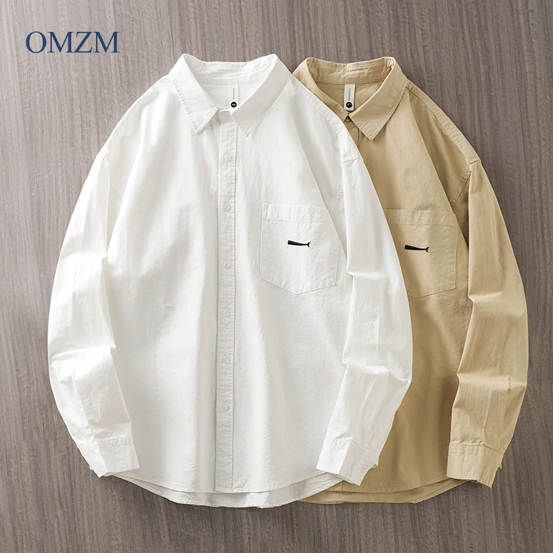 Áo sơ mi dài tay cotton nguyên chất hạng nặng OMZM400G dành cho nam, mùa xuân thu, áo sơ mi trắng cao cấp, áo sơ mi công sở cổ điển kiểu Mỹ