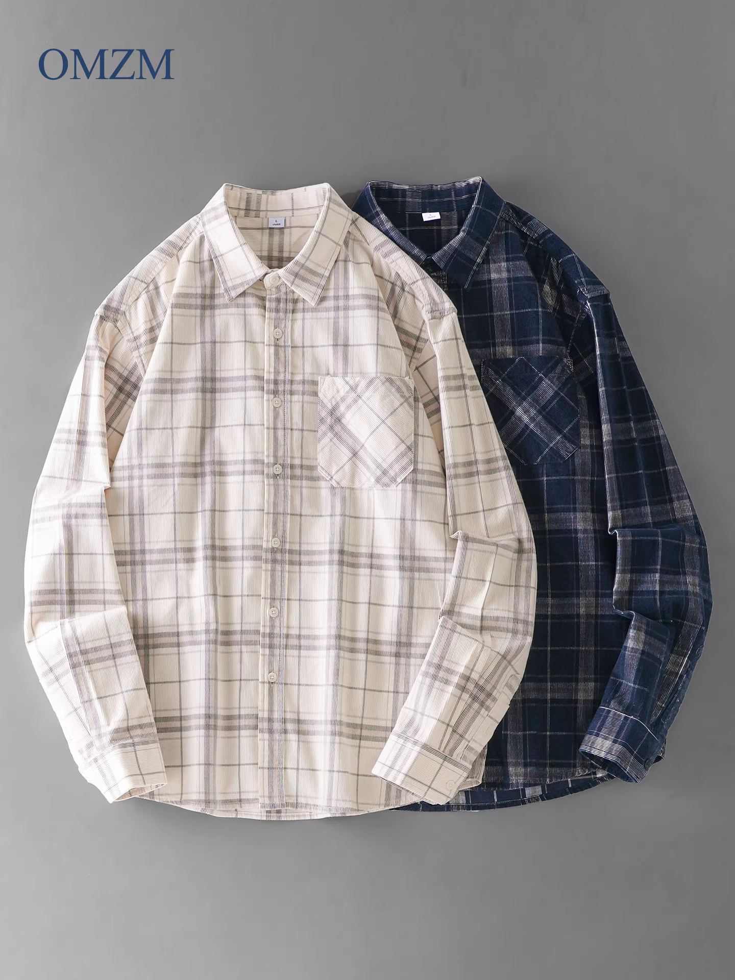 OMZM áo sơ mi kẻ sọc nhung kẻ nam dài tay mùa thu áo sơ mi cotton nặng cao cấp áo khoác nam