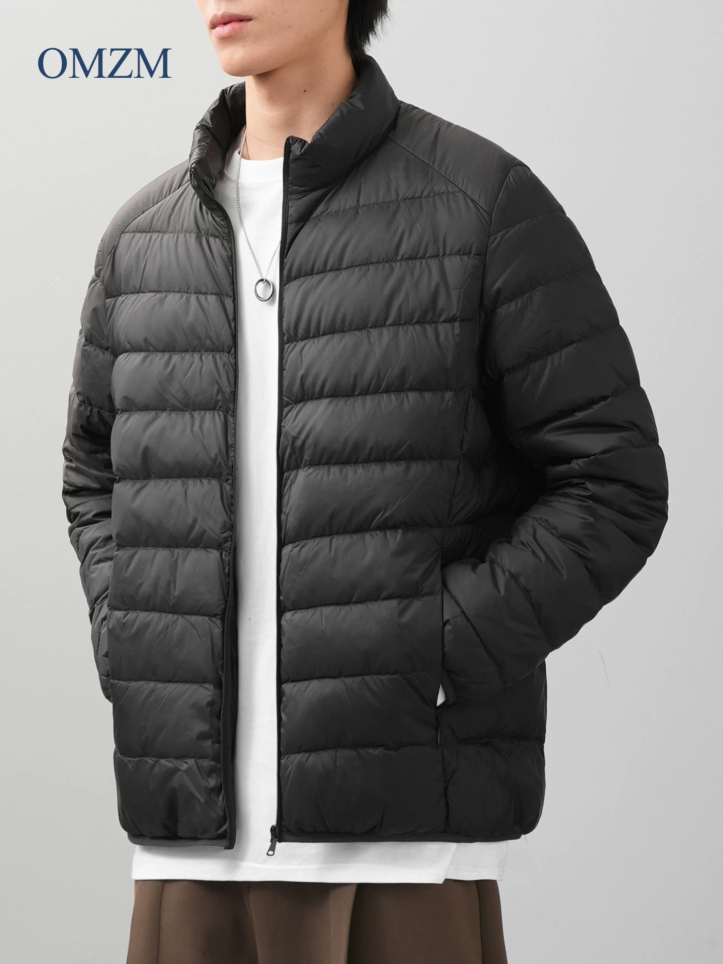 Áo khoác lông vũ OMZM90 dành cho nam, áo khoác cổ đứng dày dặn kiểu Mỹ cổ điển mùa đông, áo khoác phao ấm áp.