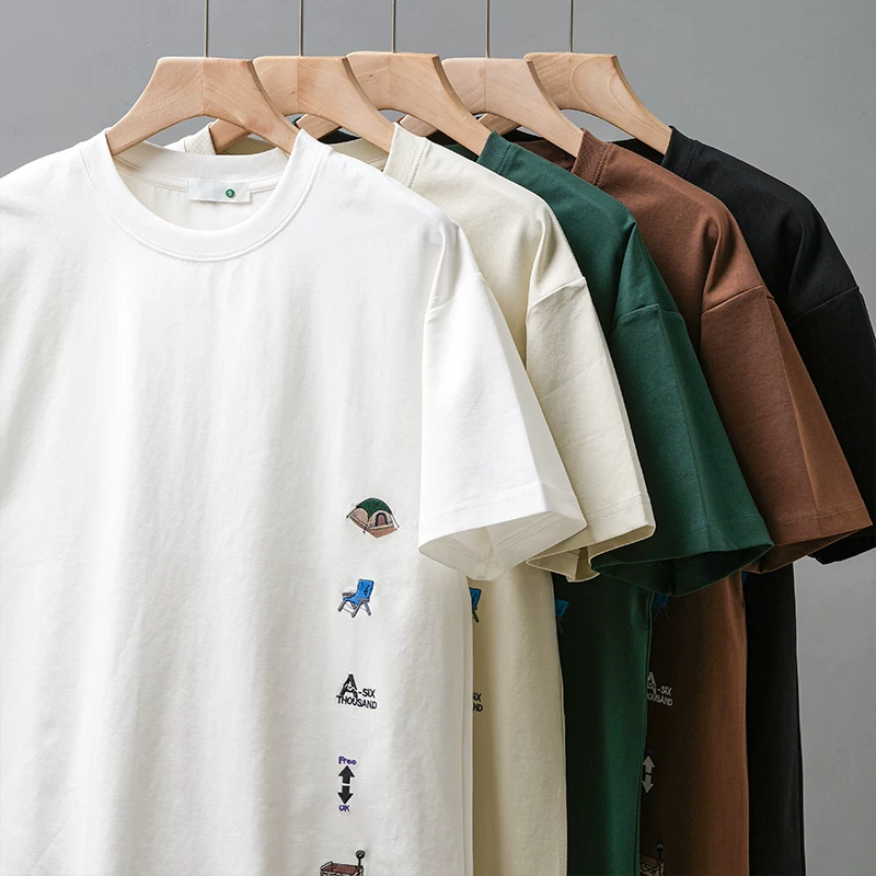 Áo thun nam tay ngắn chất dày 250G kiểu Mỹ, mẫu mới hè 2025, áo thun cổ tròn thêu dày, áo thun tay lửng rộng rãi