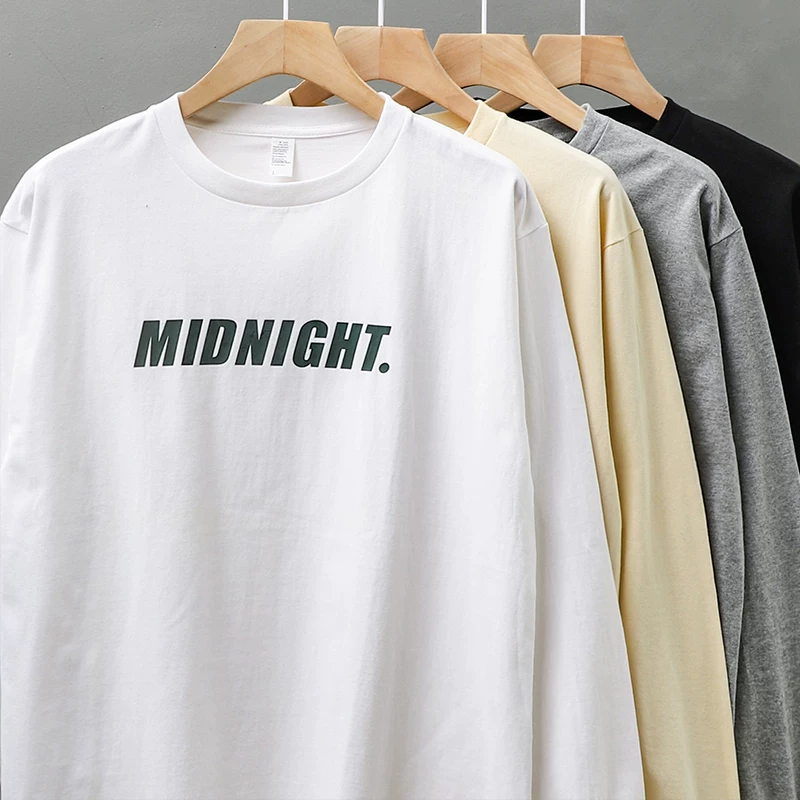 OMZM Áo thun dài tay hạng nặng 260G phong cách Mỹ dành cho nam, áo sơ mi in chữ cotton nguyên chất mùa xuân thu, áo nỉ cổ tròn dáng rộng